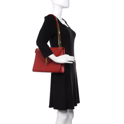 Saint Laurent Grain De Poudre Matelasse Chevron Large Monogram Satchel Lipstick Red 2 of 18