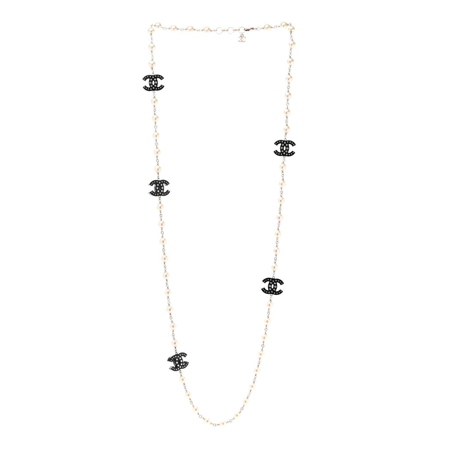 Pearl Beaded Resin Crystal CC Long Necklace Black Gold