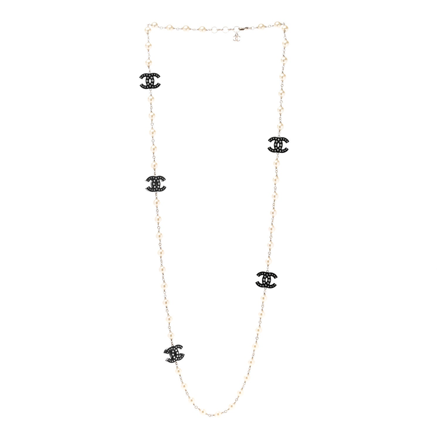 Chanel Pearl Beaded Resin Crystal CC Long Necklace Black Gold 3 of 5