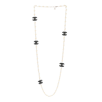 Chanel Pearl Beaded Resin Crystal CC Long Necklace Black Gold 3 of 5