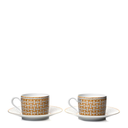 Hermes Porcelain Mosaique Au 24 Gold Tea Cup And Saucer Set Of 2 3 of 10