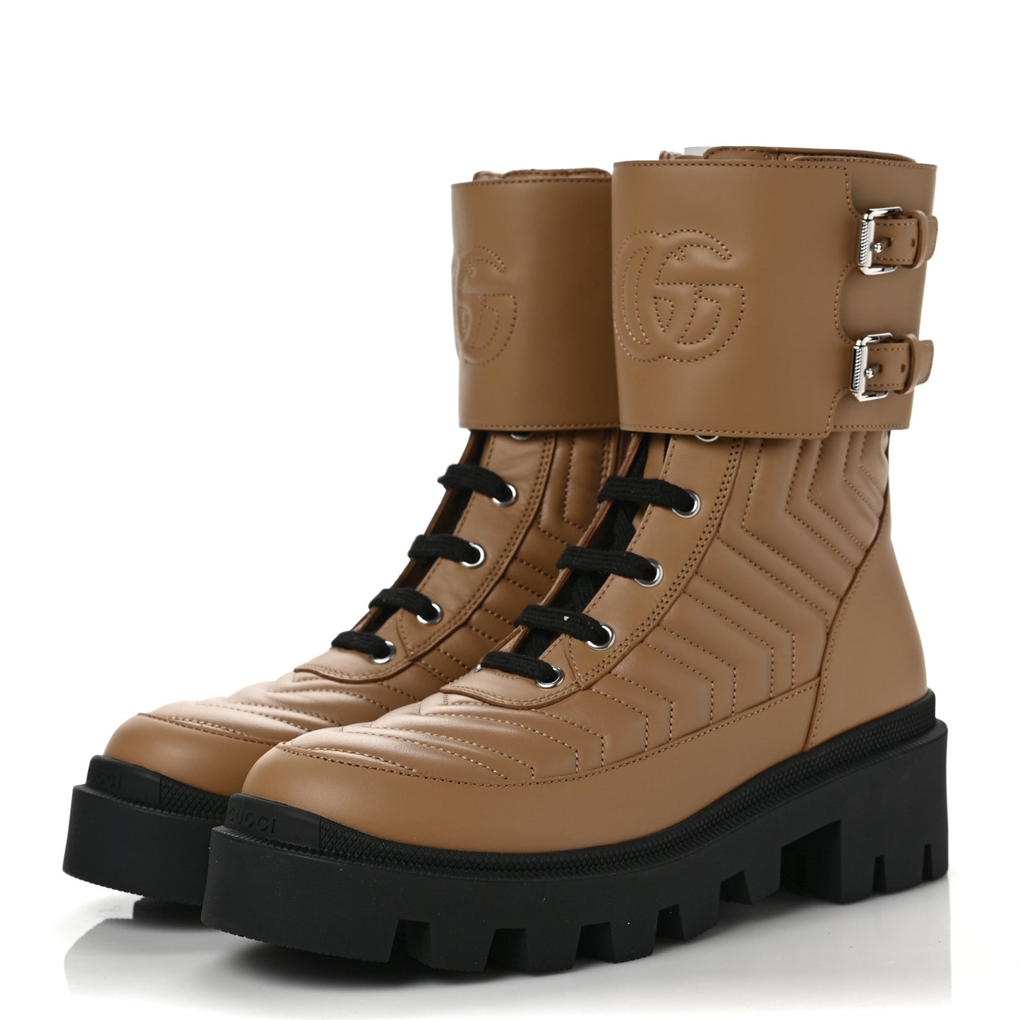 Nappa Frances GG Matelasse Platform Combat Boots 37 Natural Tan