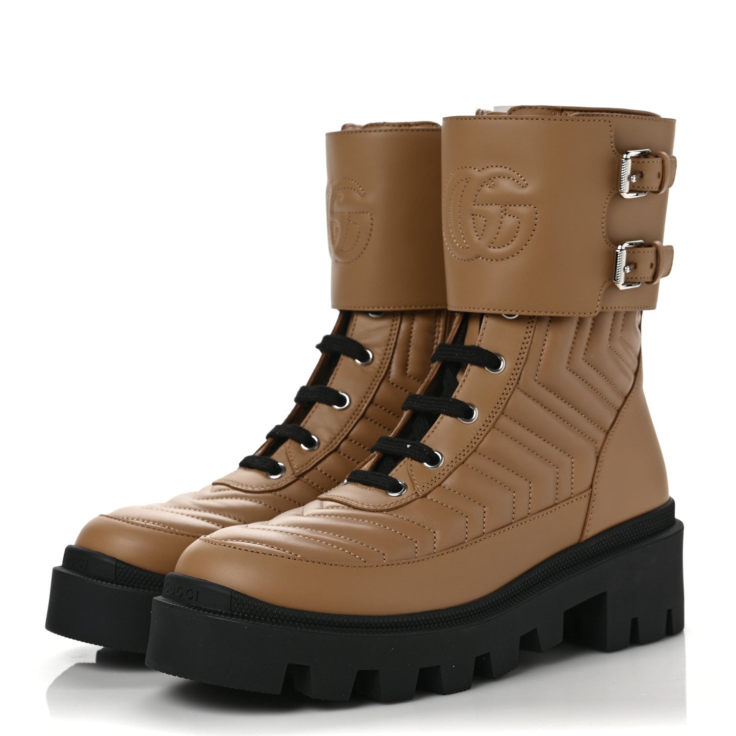 Gucci Nappa Frances GG Matelasse Platform Combat Boots 37 Natural Tan 3 of 7