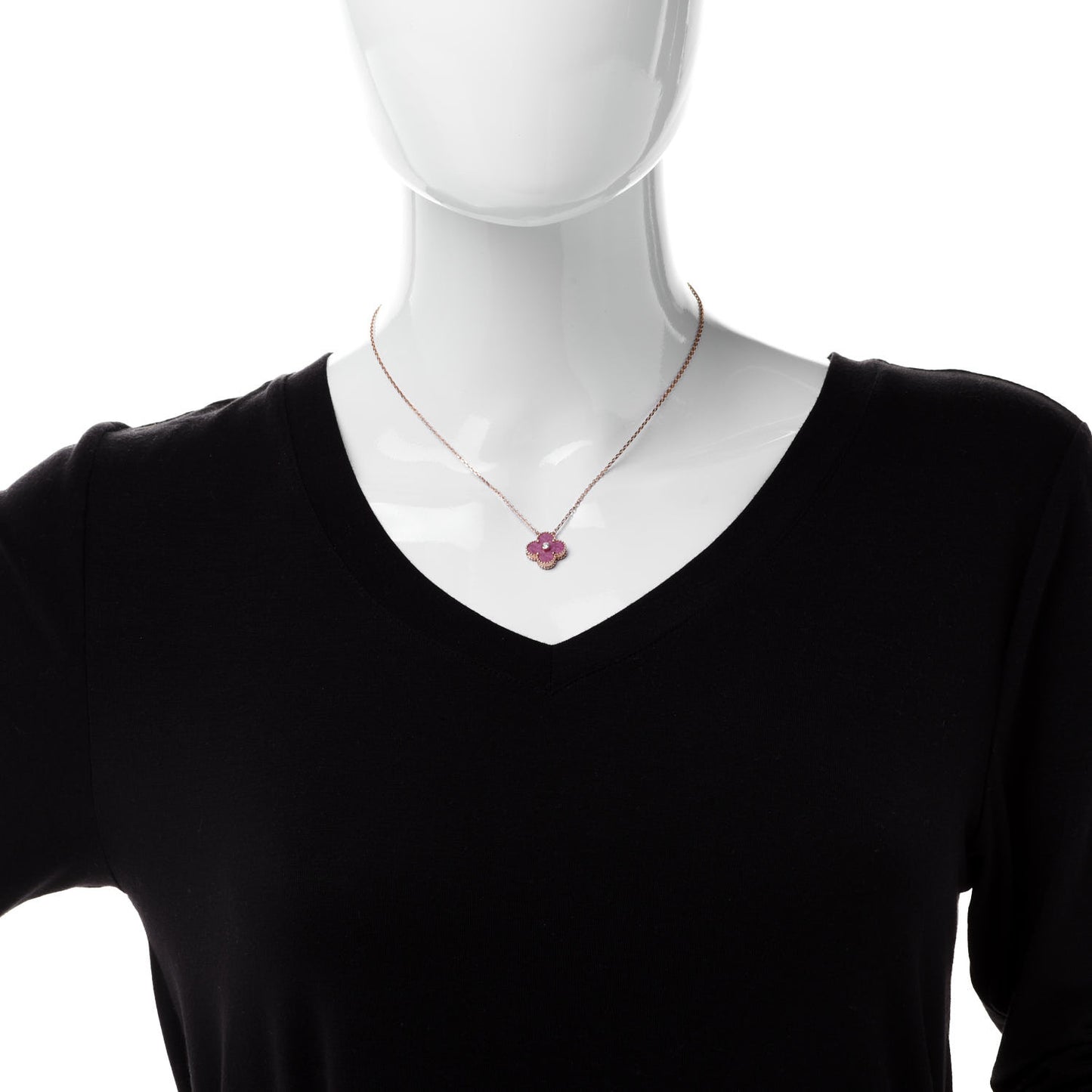18K Rose Gold Diamond Rhodonite Vintage Alhambra Pendant Necklace