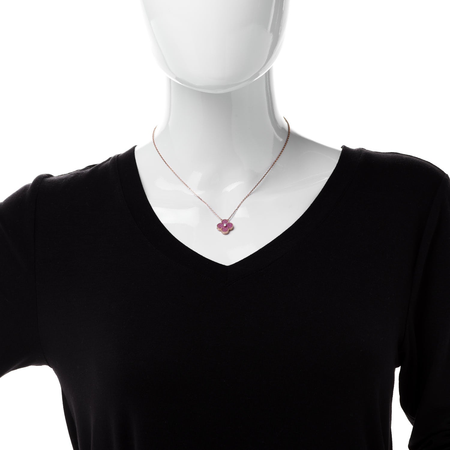 Van Cleef & Arpels 18K Rose Gold Diamond Rhodonite Vintage Alhambra Pendant Necklace 2 of 6
