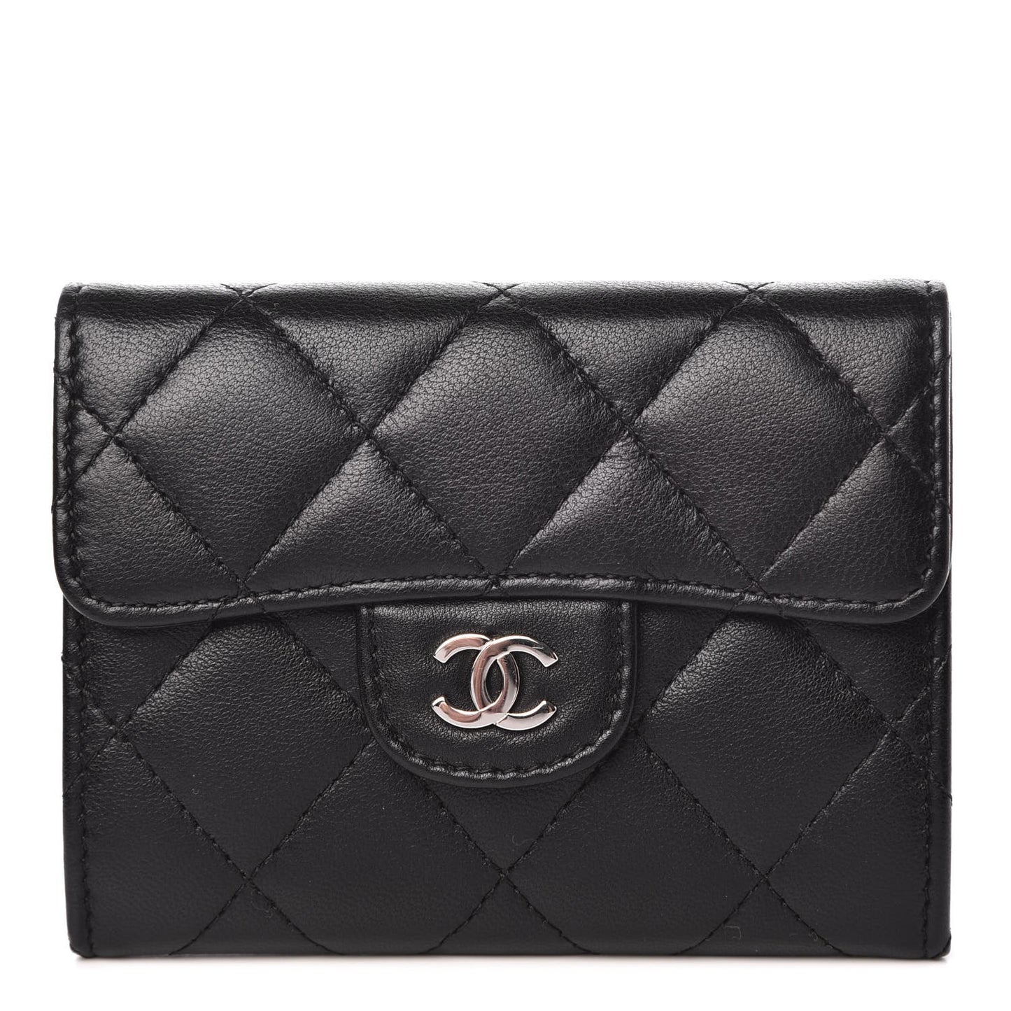 Lambskin Quilted Flap Card Holder Wallet Black
