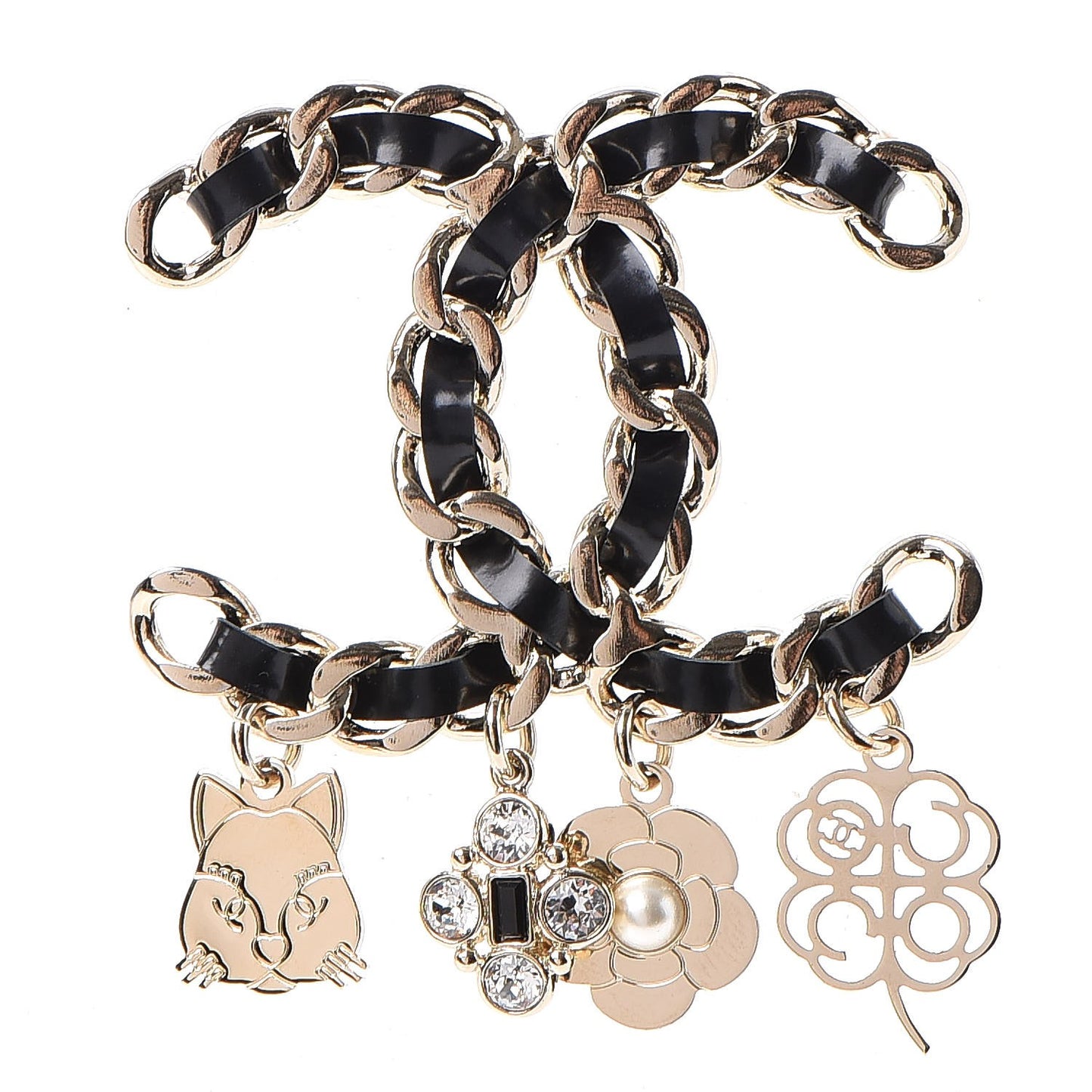 Lambskin Crystal Chain CC Charms Brooch Black Gold