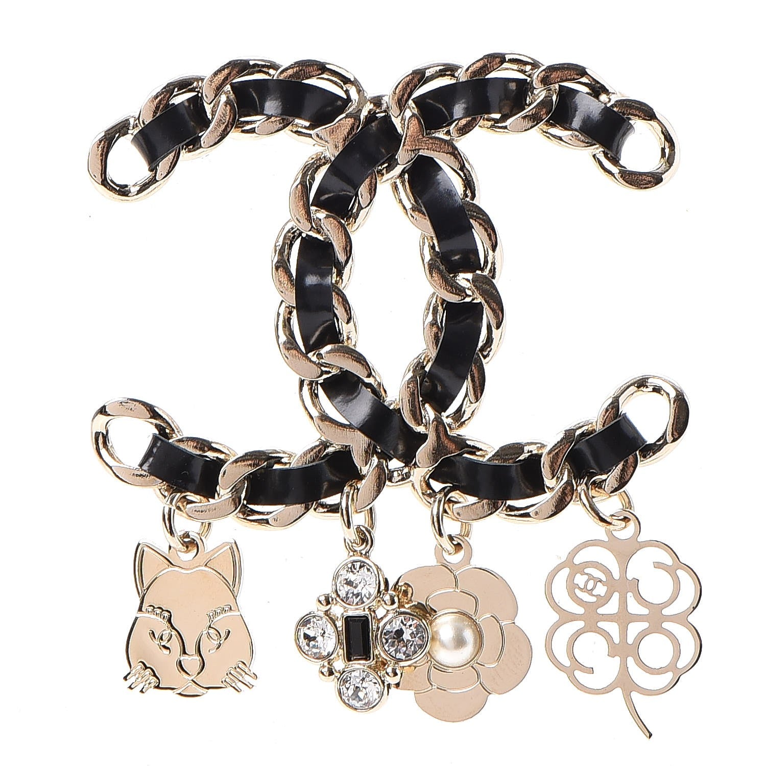 Chanel Lambskin Crystal Chain CC Charms Brooch Black Gold 1 of 5