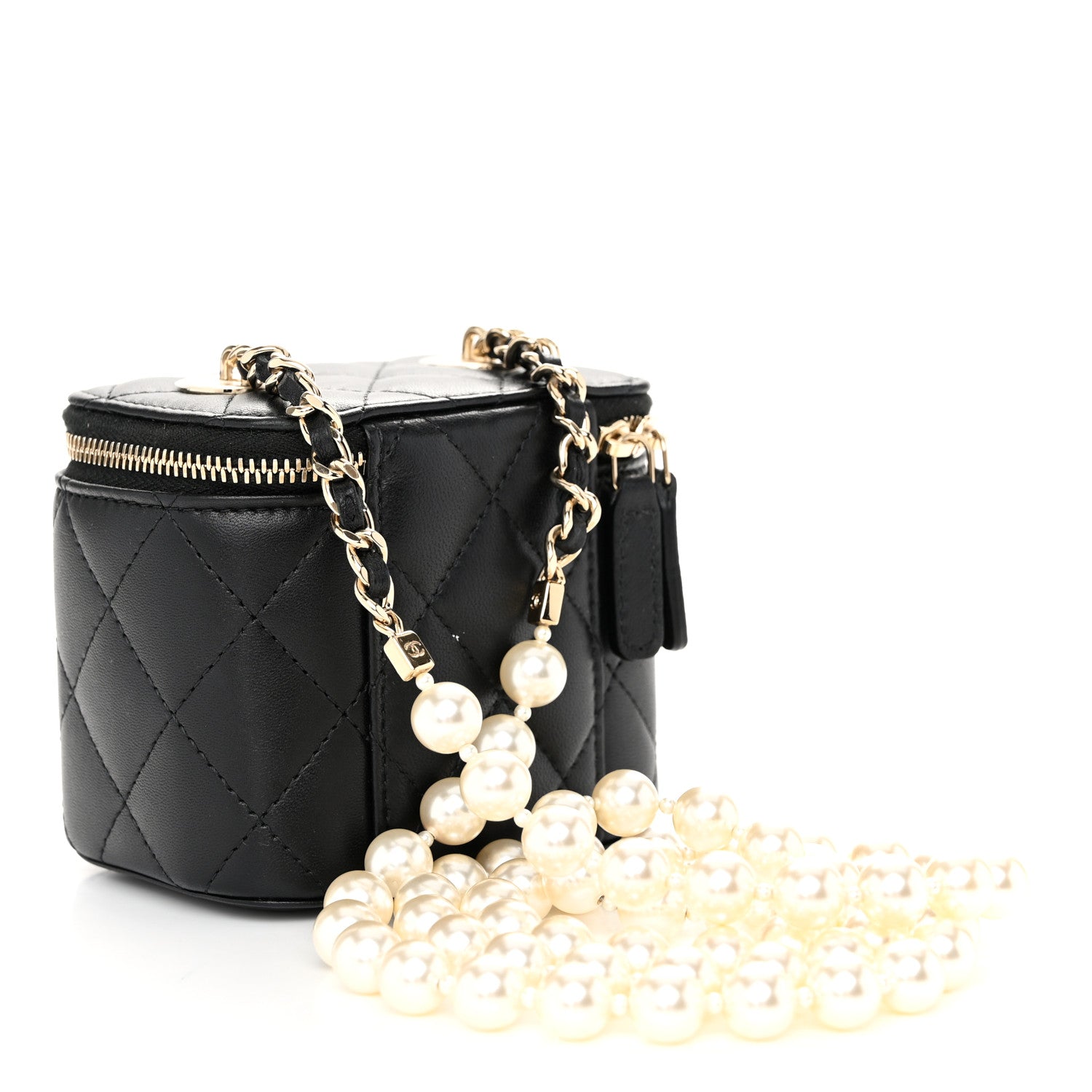 Chanel Lambskin Quilted Mini Vanity Case With Pearl Chain Black 3 of 11