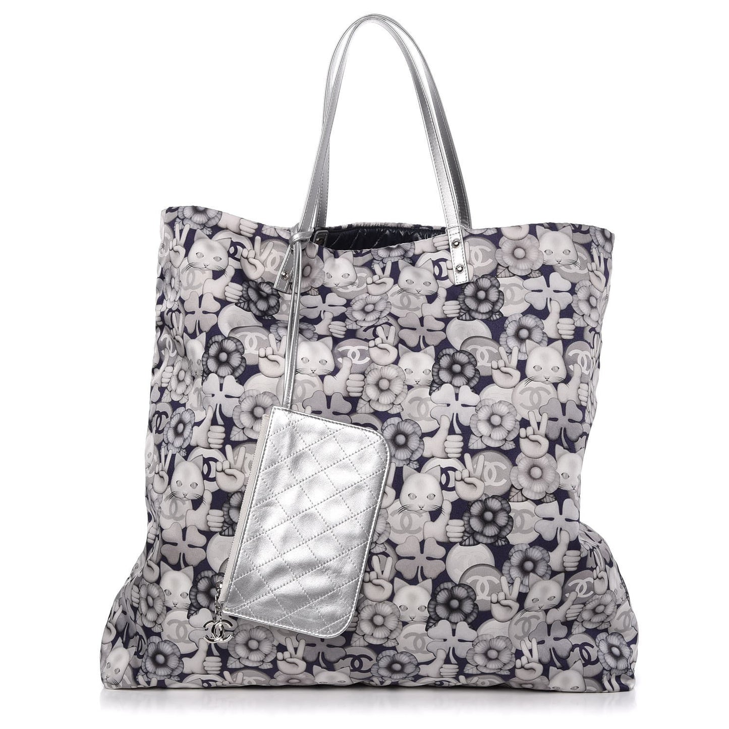 Nylon Cat Emoticon Tote Navy Silver