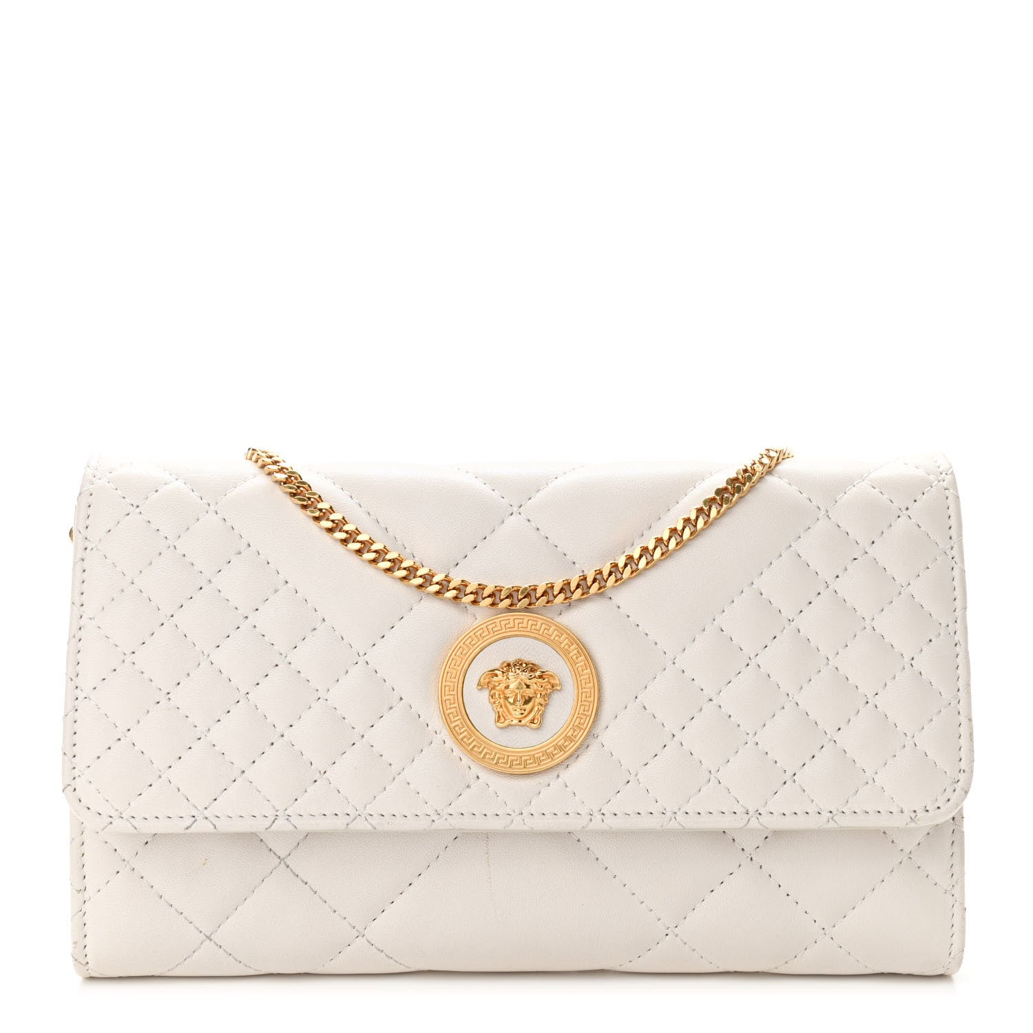Versace Calfskin Icon Quilted Wallet On Chain Crossbody White 1 of 10