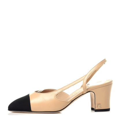 Chanel Goatskin Grosgrain Cap Toe CC Slingback Pumps 35.5 Beige Black 1 of 11