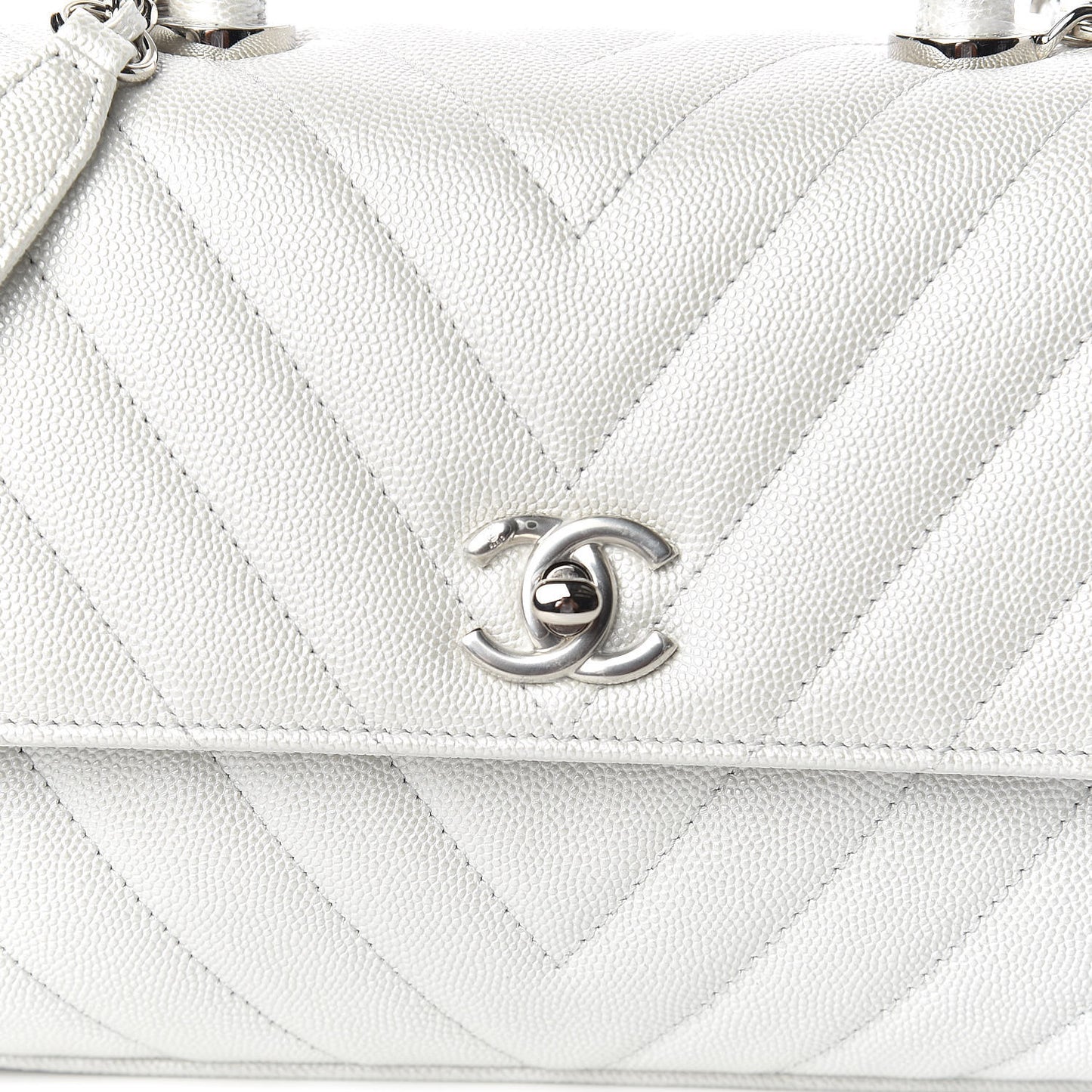Iridescent Caviar Chevron Quilted Mini Coco Handle Flap White