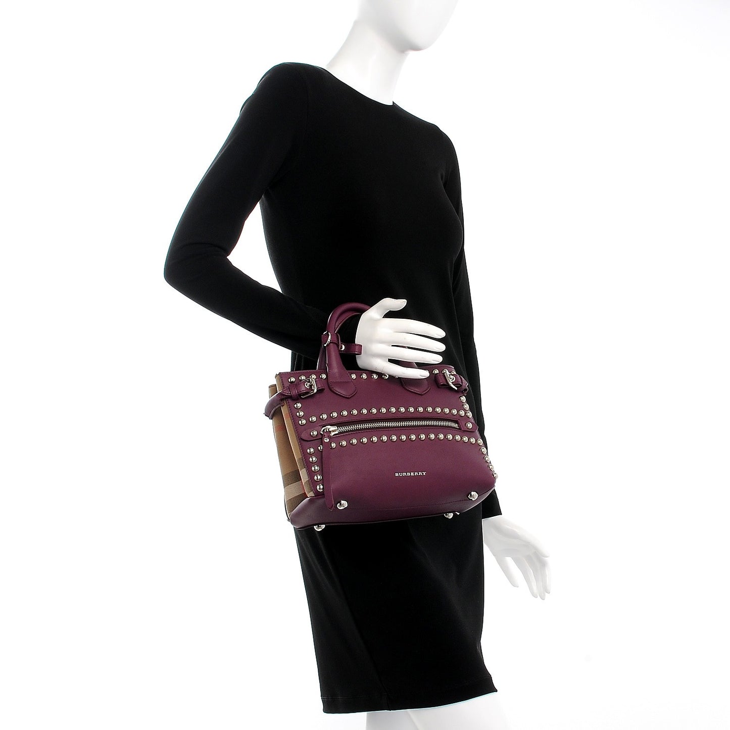 Calfskin House Check Studded Small Banner Tote Dark Plum