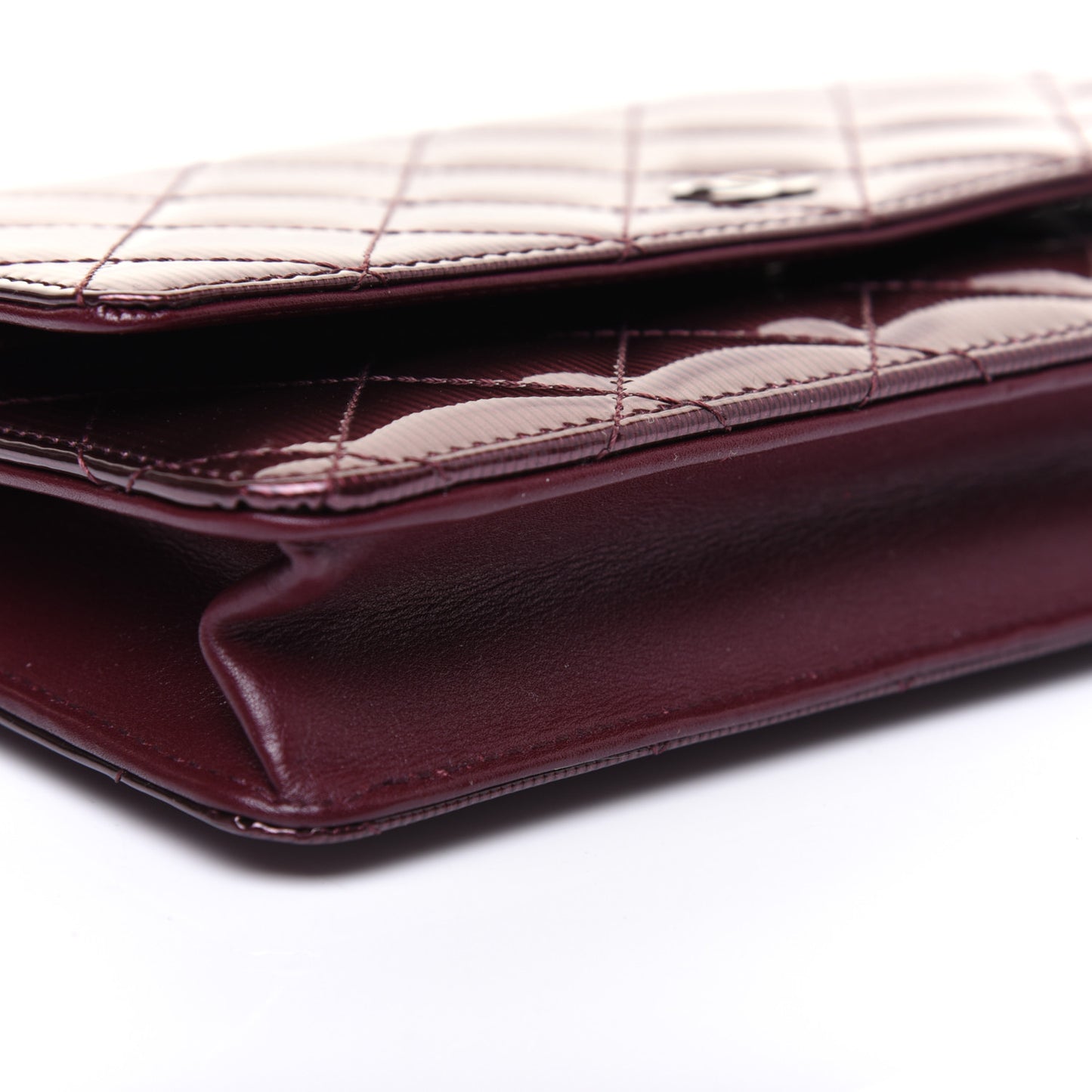 Striated Patent Quilted Wallet on Chain WOC Bordeaux