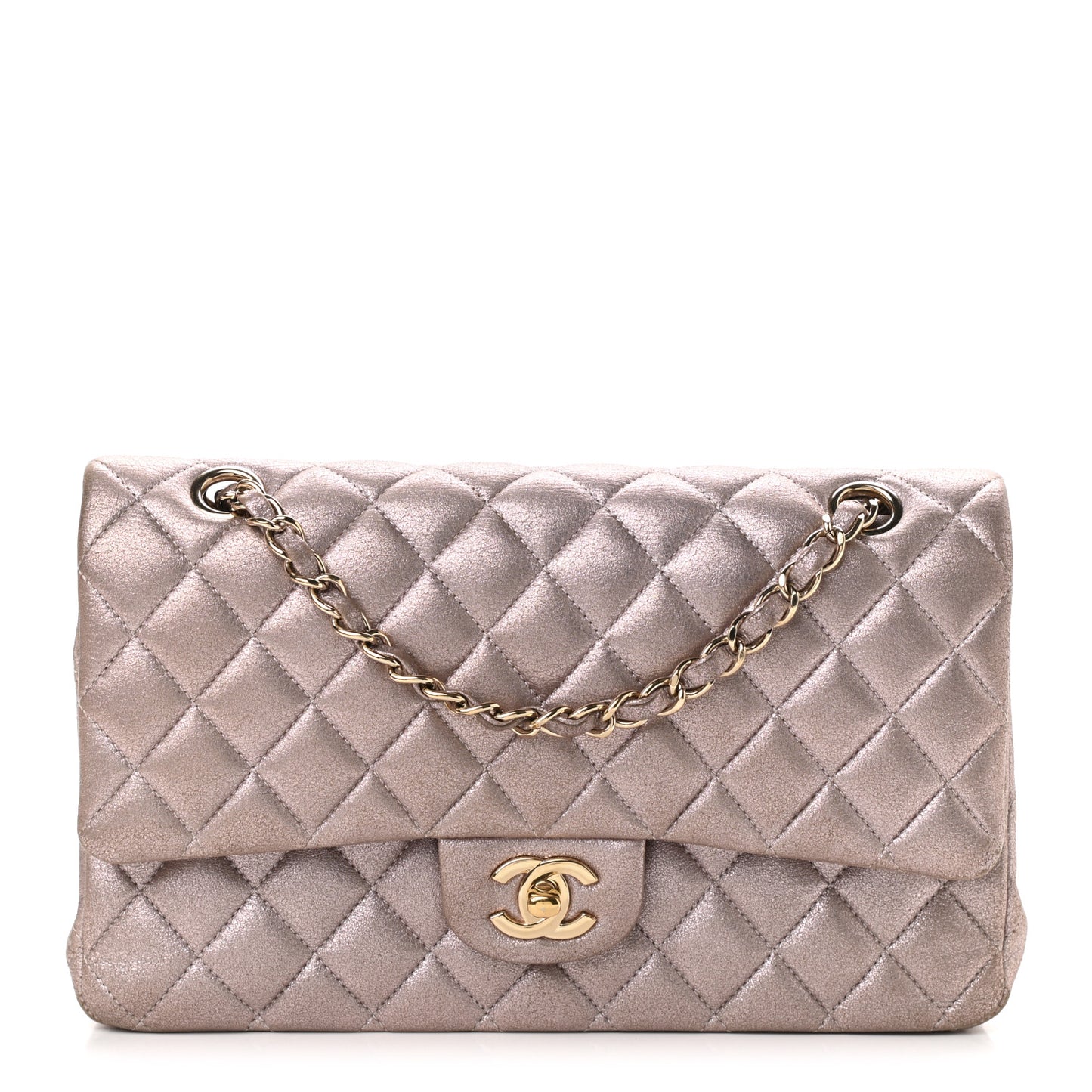 Iridescent Calfskin Quilted Medium Double Flap Light Pink