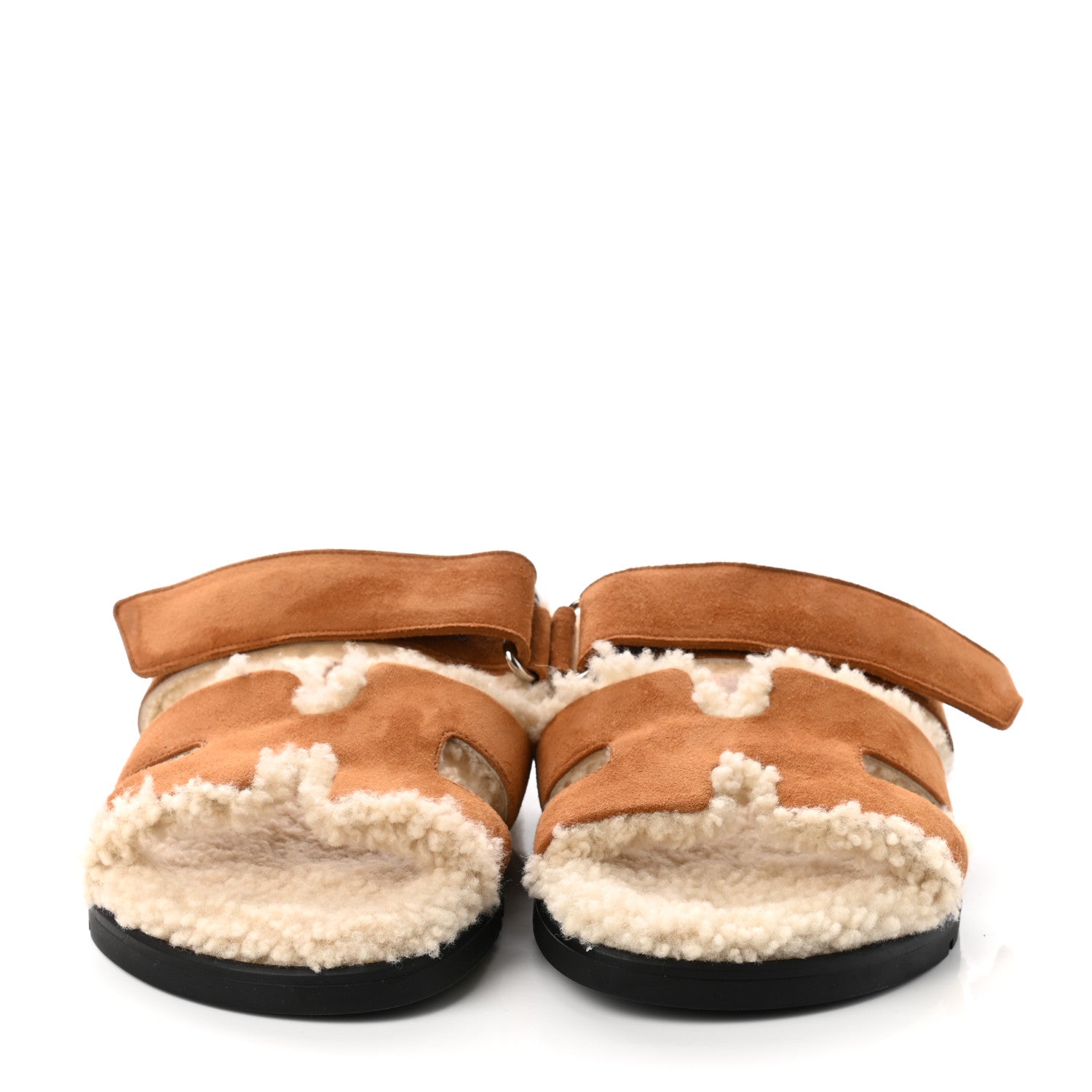 Hermes Suede Goatskin Woolskin Womens Chypre Sandals 36.5 Brun Fume Ecru 2 of 8
