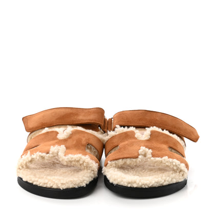 Hermes Suede Goatskin Woolskin Womens Chypre Sandals 36.5 Brun Fume Ecru 2 of 8