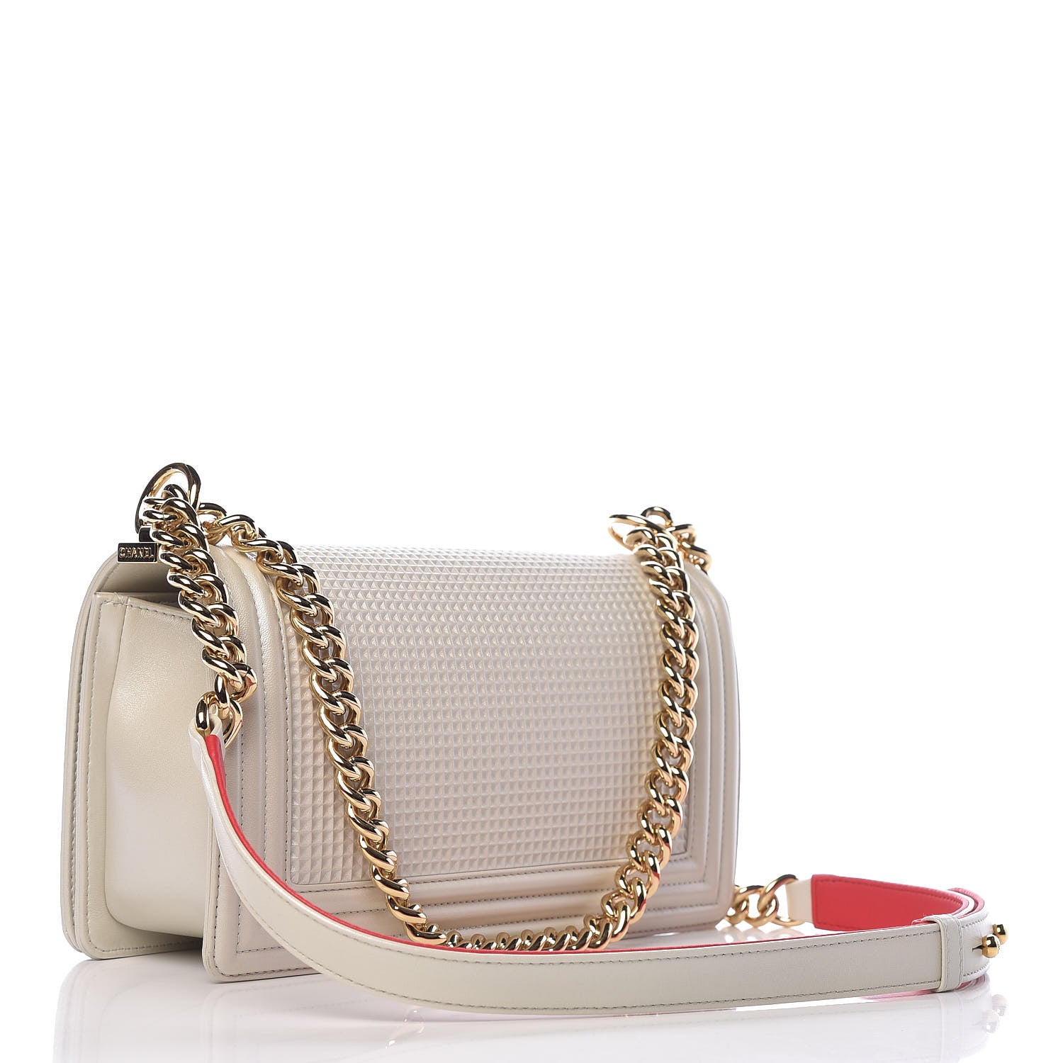 Chanel Lambskin Embossed Medium Boy Cube Flap White Red 3 of 12