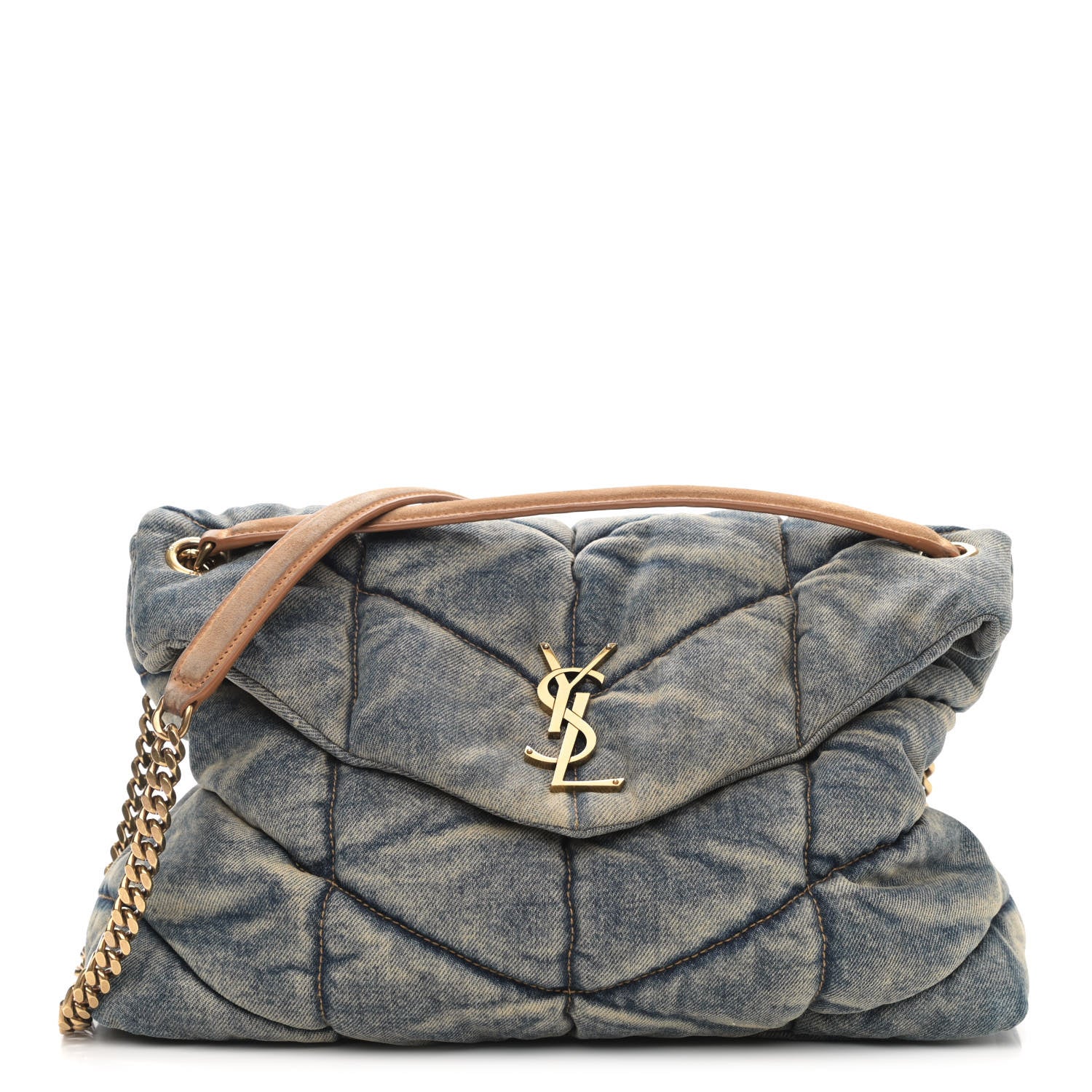 Saint Laurent Denim Quilted Medium Loulou Puffer Monogram Chain Satchel Blue Cinnamon 1 of 12