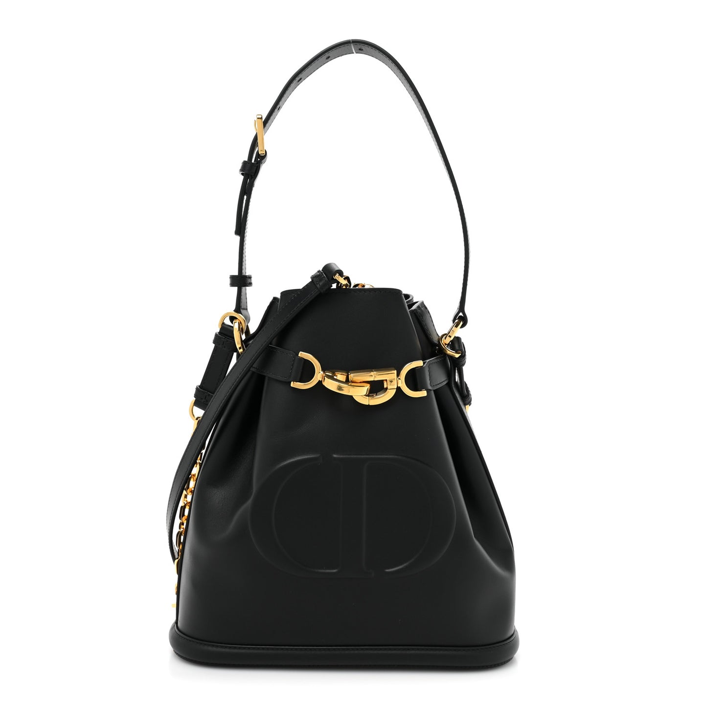 Calfskin CD Embossed Medium C'est Chain Bucket Bag Black