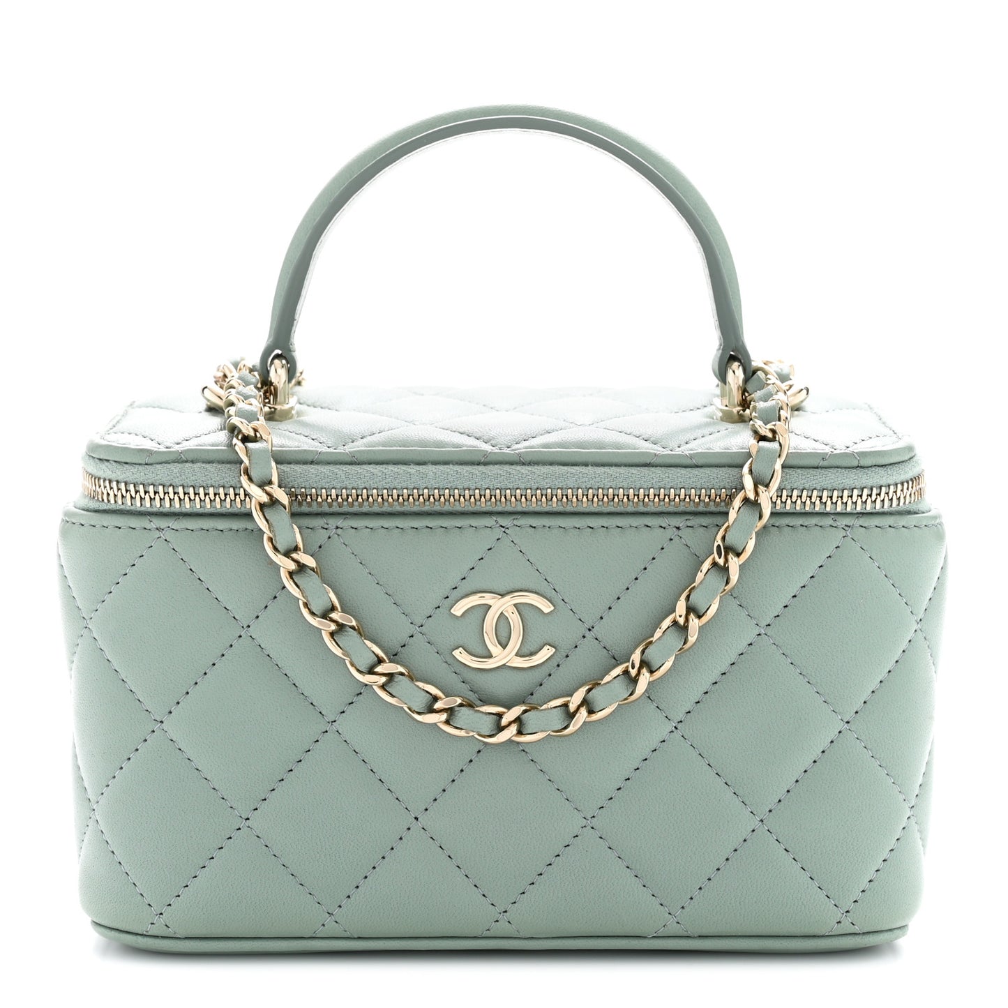 Lambskin Quilted Small Top Handle Vanity Case With Chain Light Green
