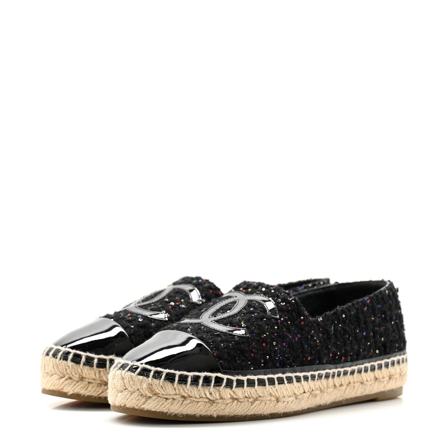 Tweed Patent Goatskin Sequin CC Espadrilles 38 Black