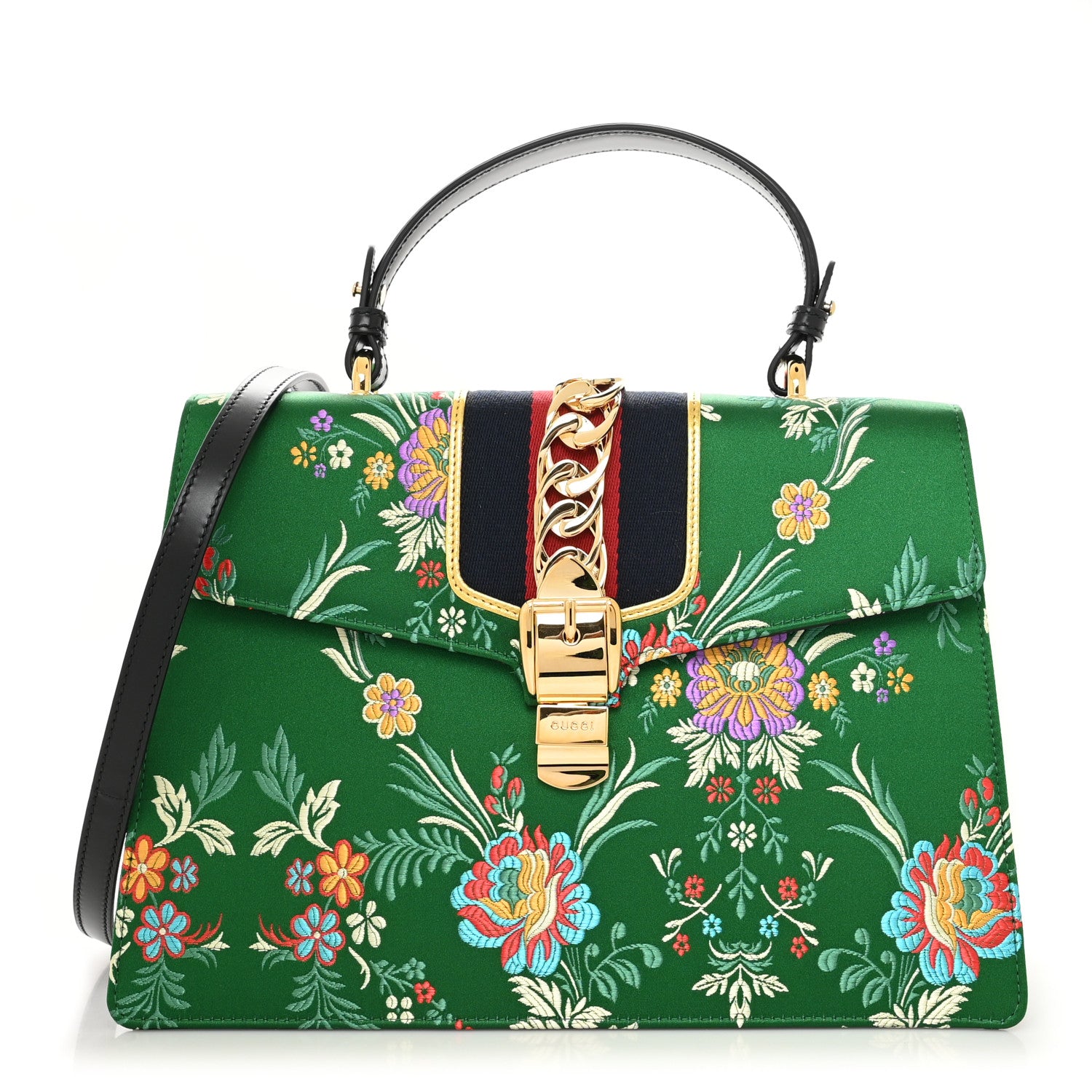 Gucci Jacquard Floral Medium Sylvie Top Handle Bag Green Multicolor Black 1 of 10