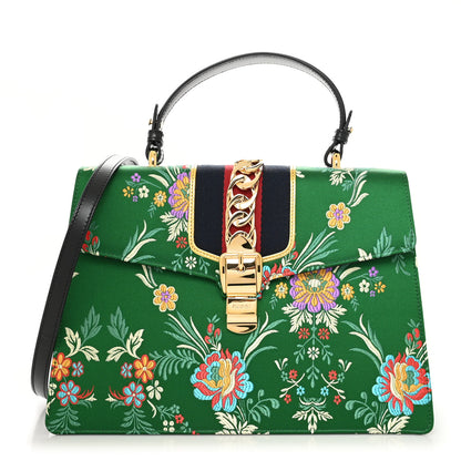 Gucci Jacquard Floral Medium Sylvie Top Handle Bag Green Multicolor Black 1 of 10
