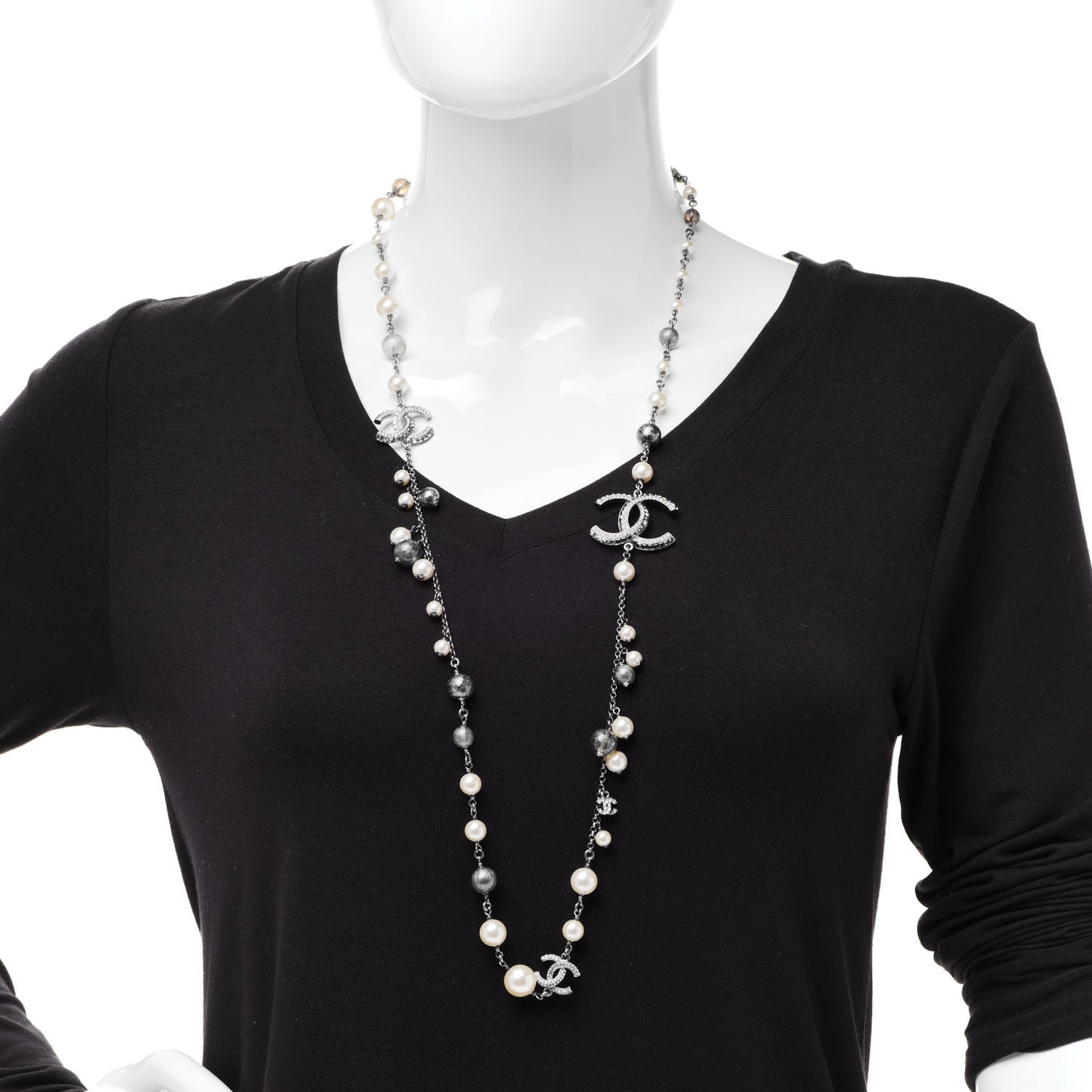 Pearl Beaded Enamel CC Coco Long Necklace Silver