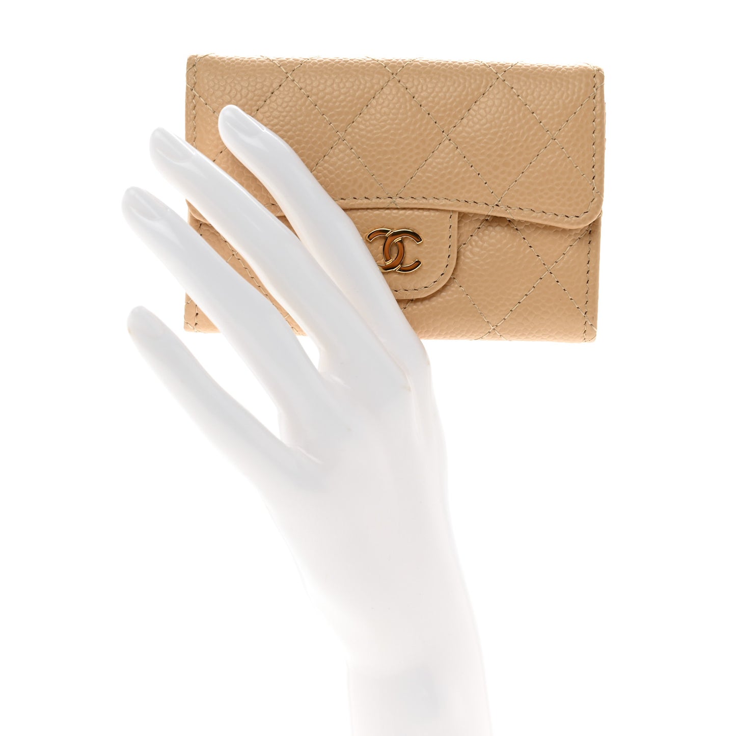 Caviar Quilted Flap Card Holder Wallet Beige
