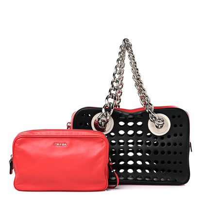 Prada City Calfskin Perforated Chain Shoulder Bag Black Lacca 1 of 12