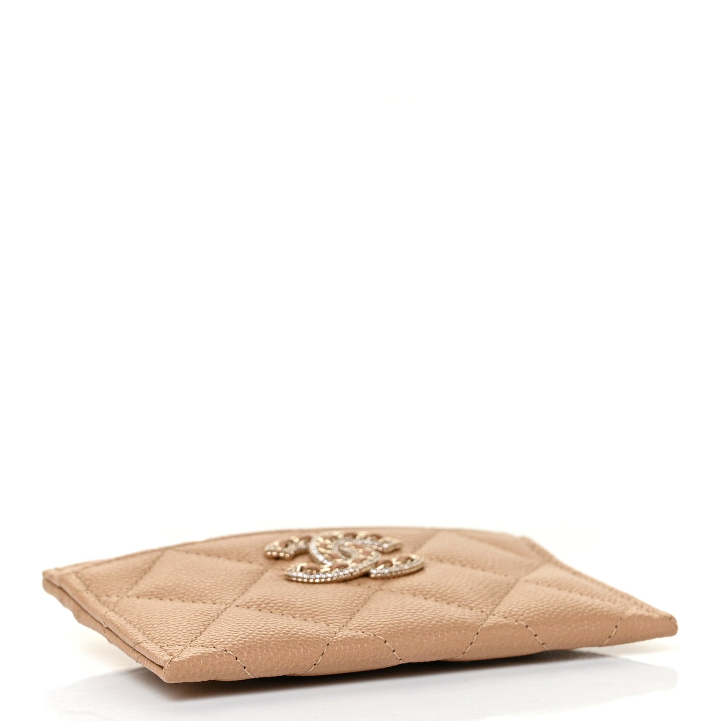 Caviar Quilted Crystal Card Holder Beige
