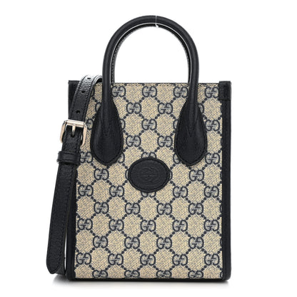 Gucci GG Supreme Monogram Textured Dollar Calfskin Mini Retro Interlocking G Tote Bag Beige Blue 1 of 12