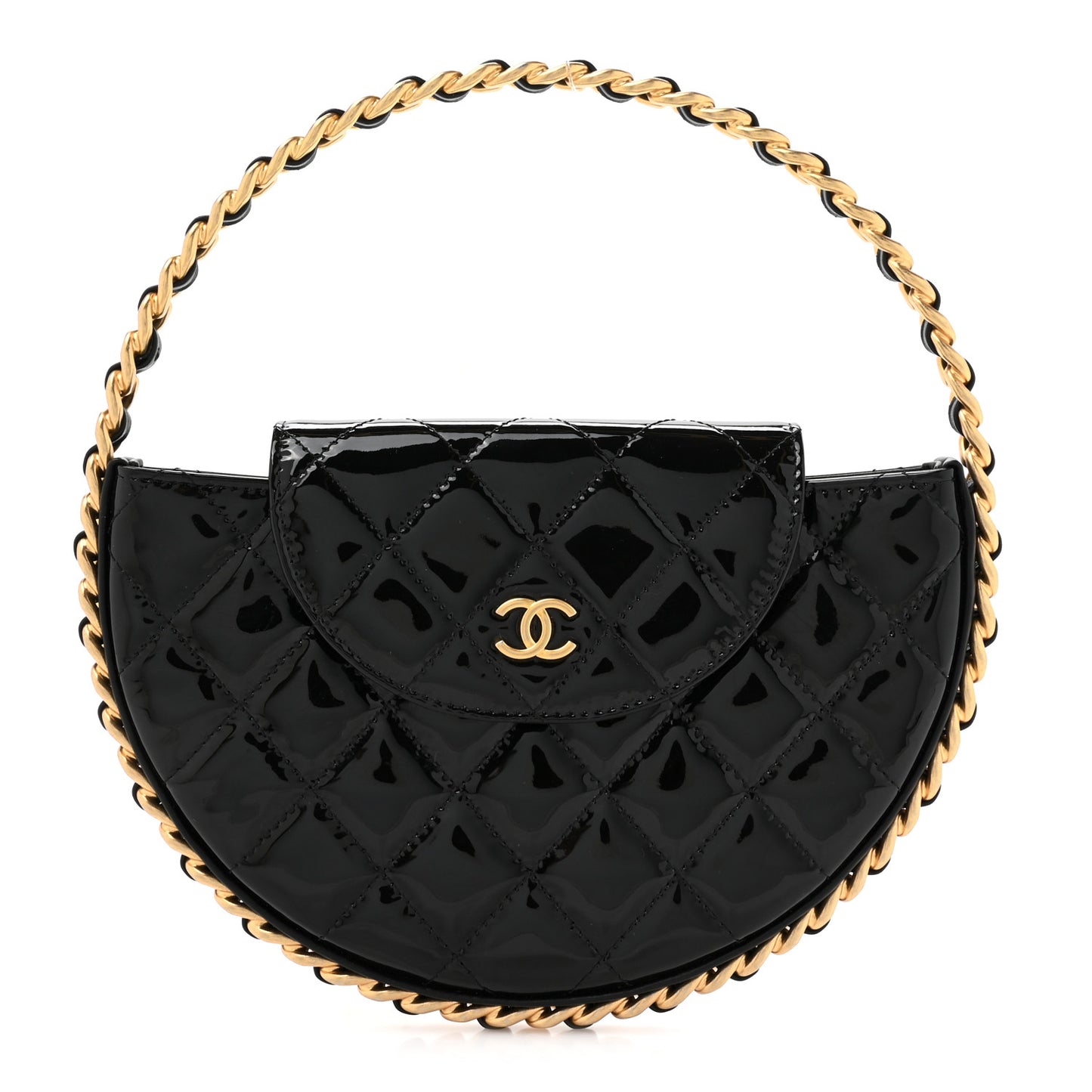 Patent Calfskin Quilted Chain Hoop Bag Black