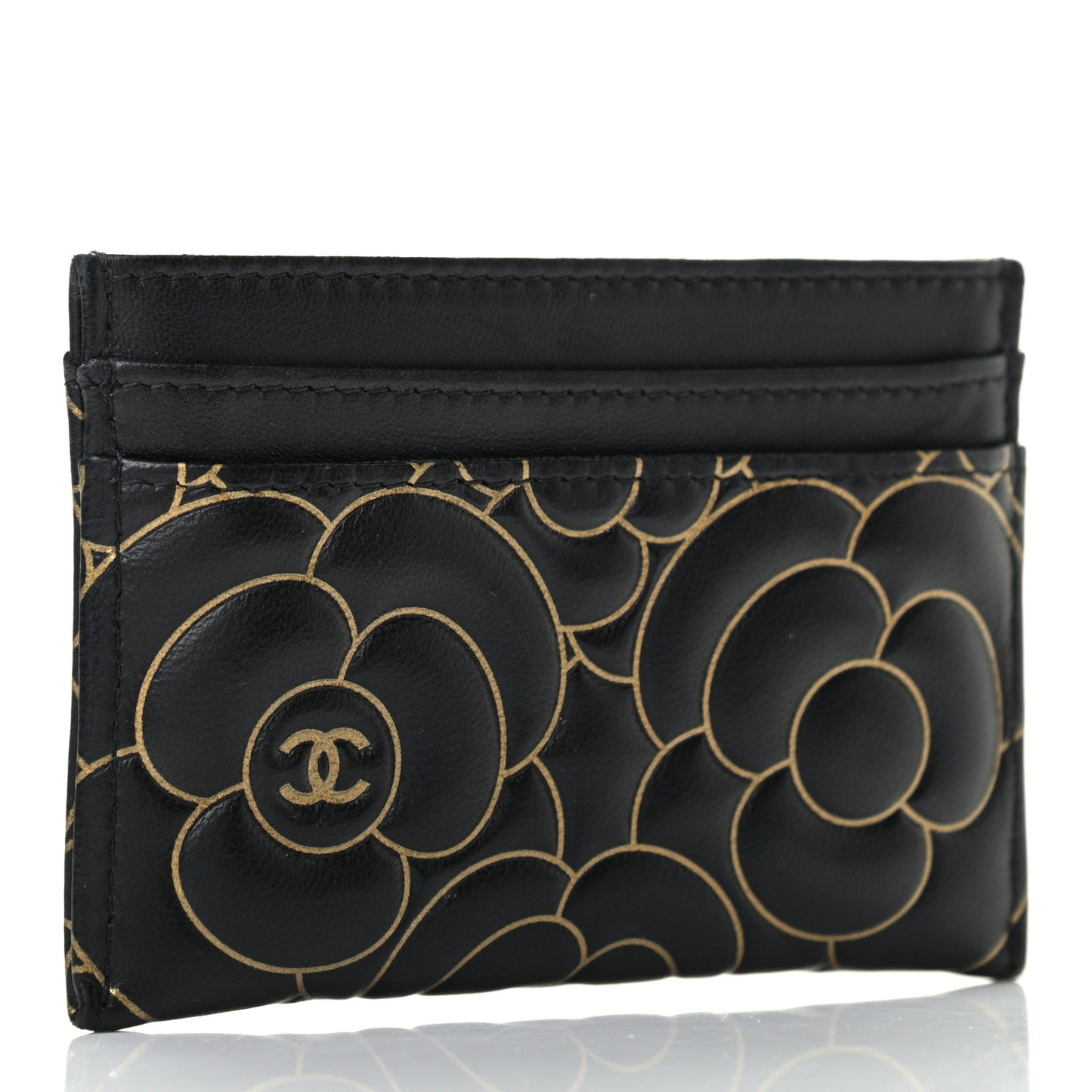 Lambskin Camellia Embossed Card Holder Black Gold