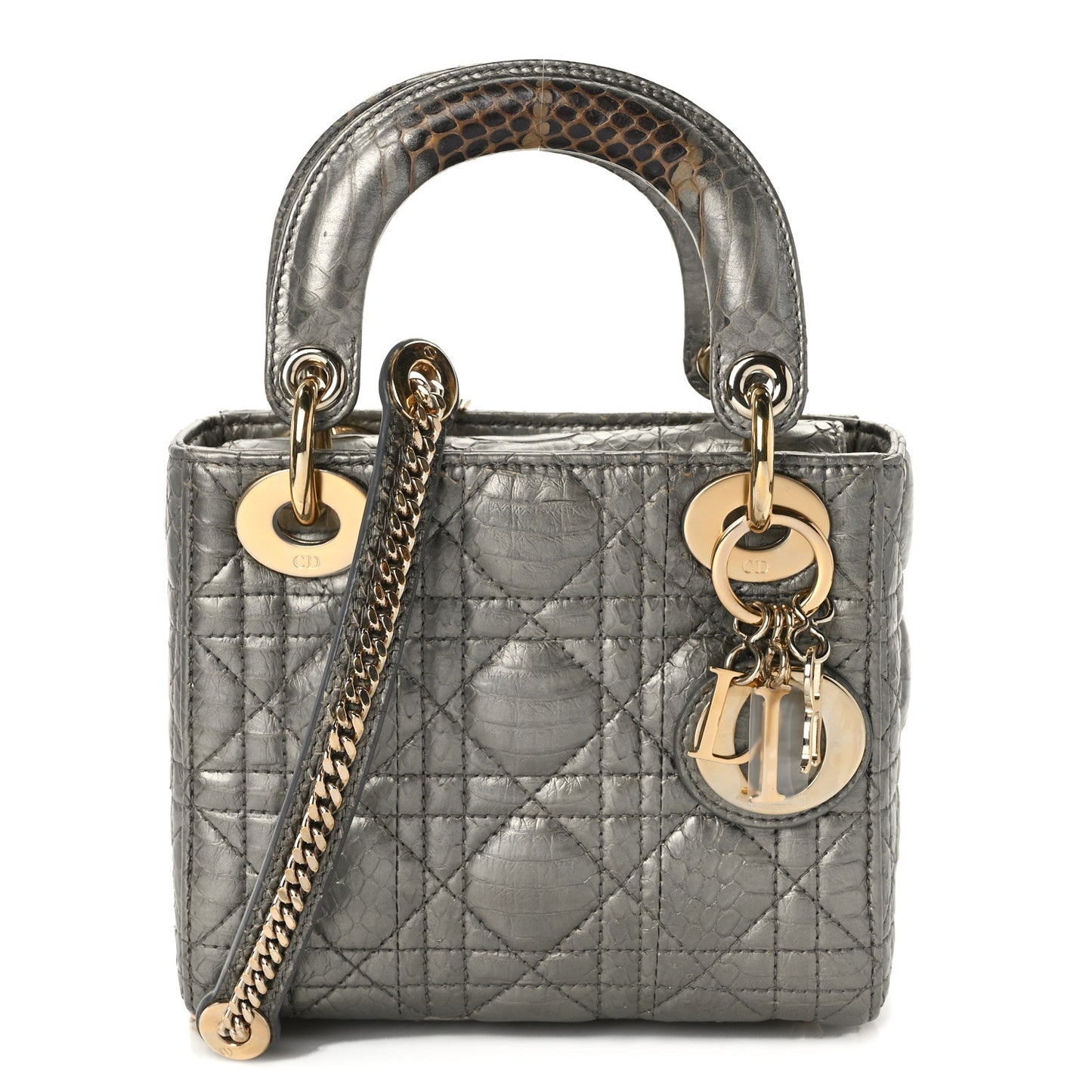 Metallic Snakeskin Cannage Mini Lady Dior Silver