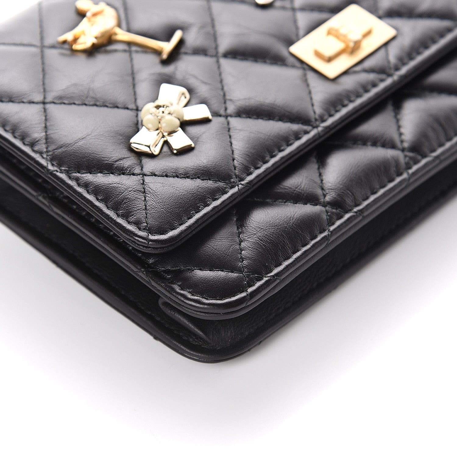 Chanel Aged Calfskin Quilted Lucky Charms 2.55 Reissue Wallet On Chain WOC Black 9 of 10