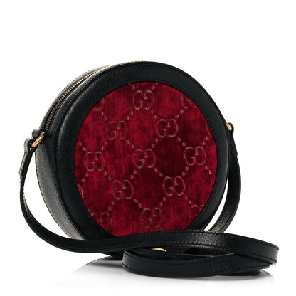 Gucci Velvet GG Monogram Textured Calfskin Round Shoulder Bag Red Cipria Black 3 of 13