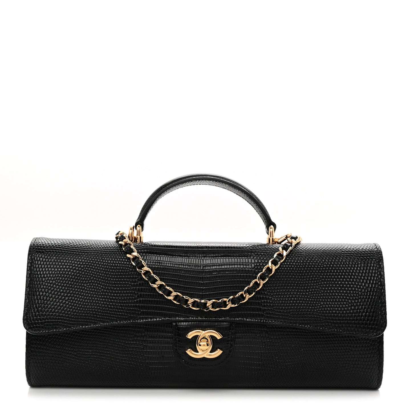 Lizard Calfskin Embossed Clutch With Chain Black