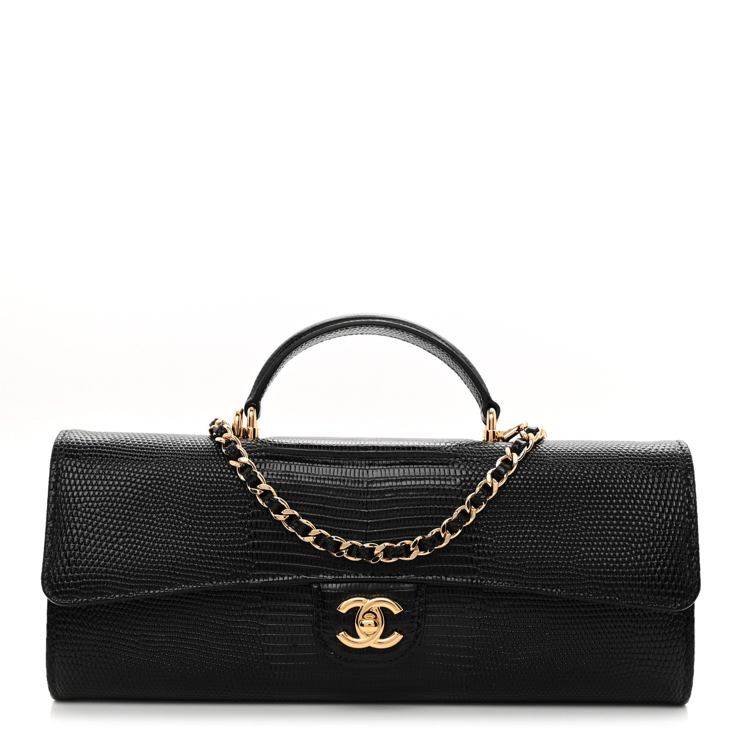 Chanel Lizard Calfskin Embossed Clutch With Chain Black 2 of 21
