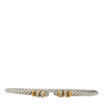 David Yurman Sterling Silver 18K Yellow Gold Diamond 3mm Petite Helena Classic Cable Cuff Bracelet 1 of 4