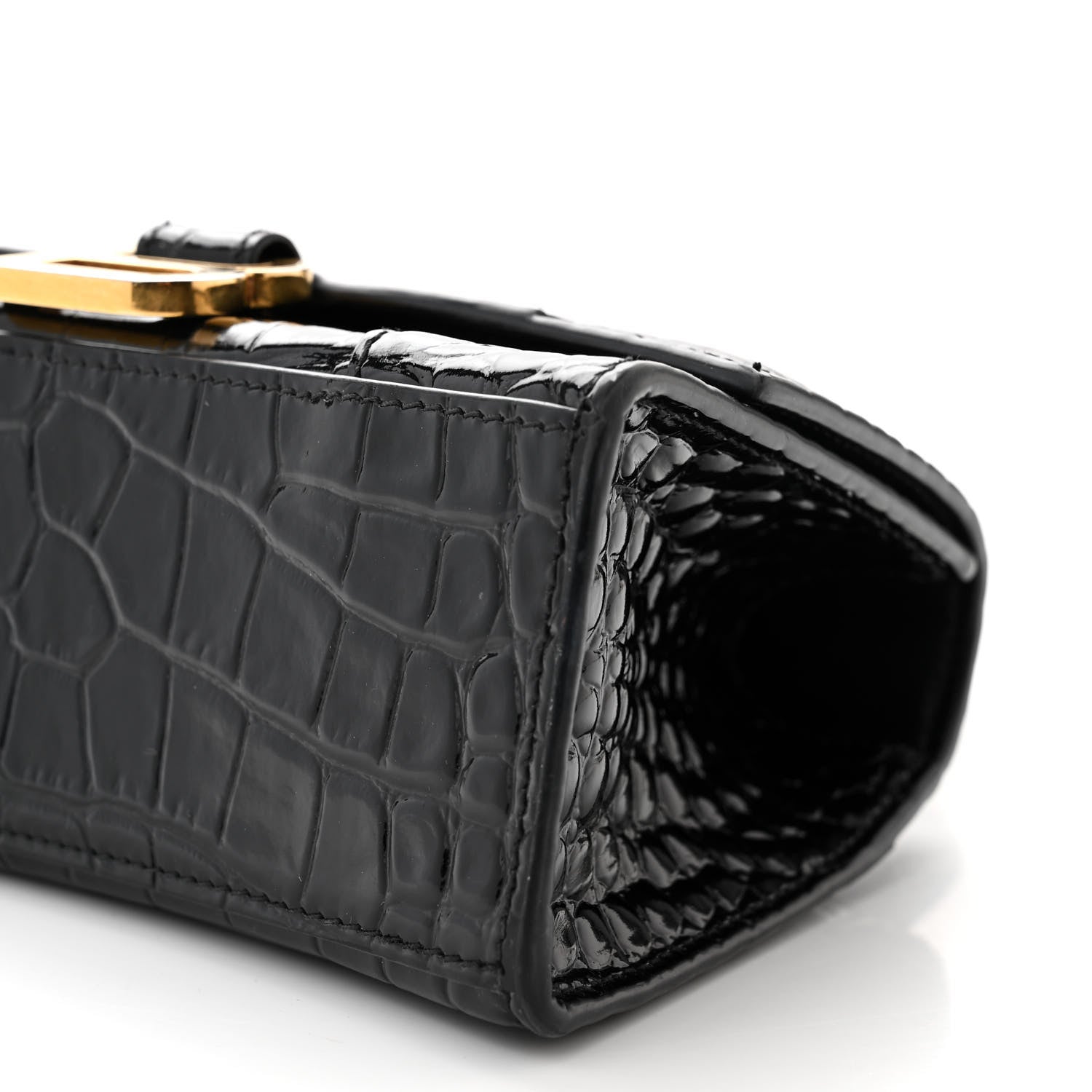 Balenciaga Shiny Calfskin Crocodile Embossed Hourglass Top Handle Bag XS Black 11 of 13