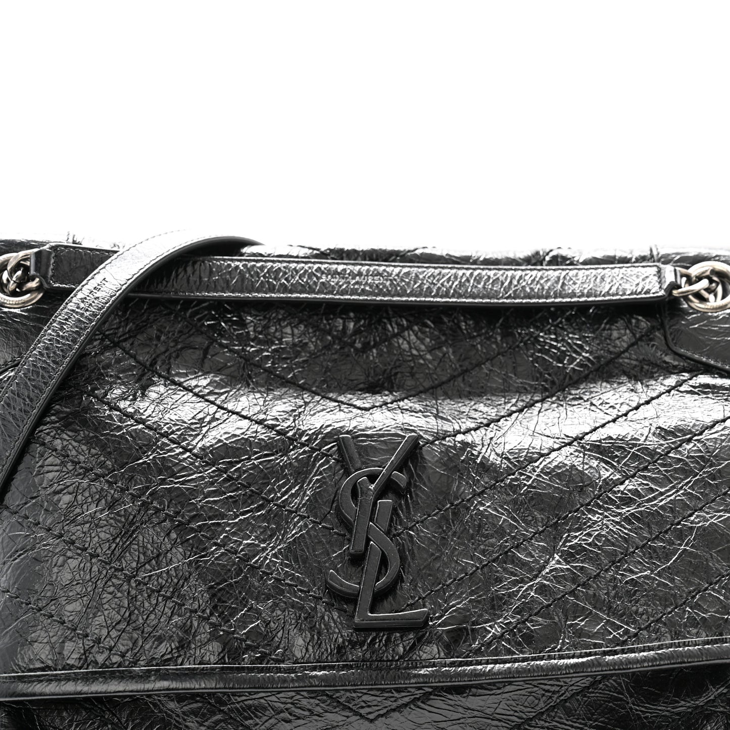Crinkled Calfskin Matelasse Monogram Medium Niki Chain Satchel Black