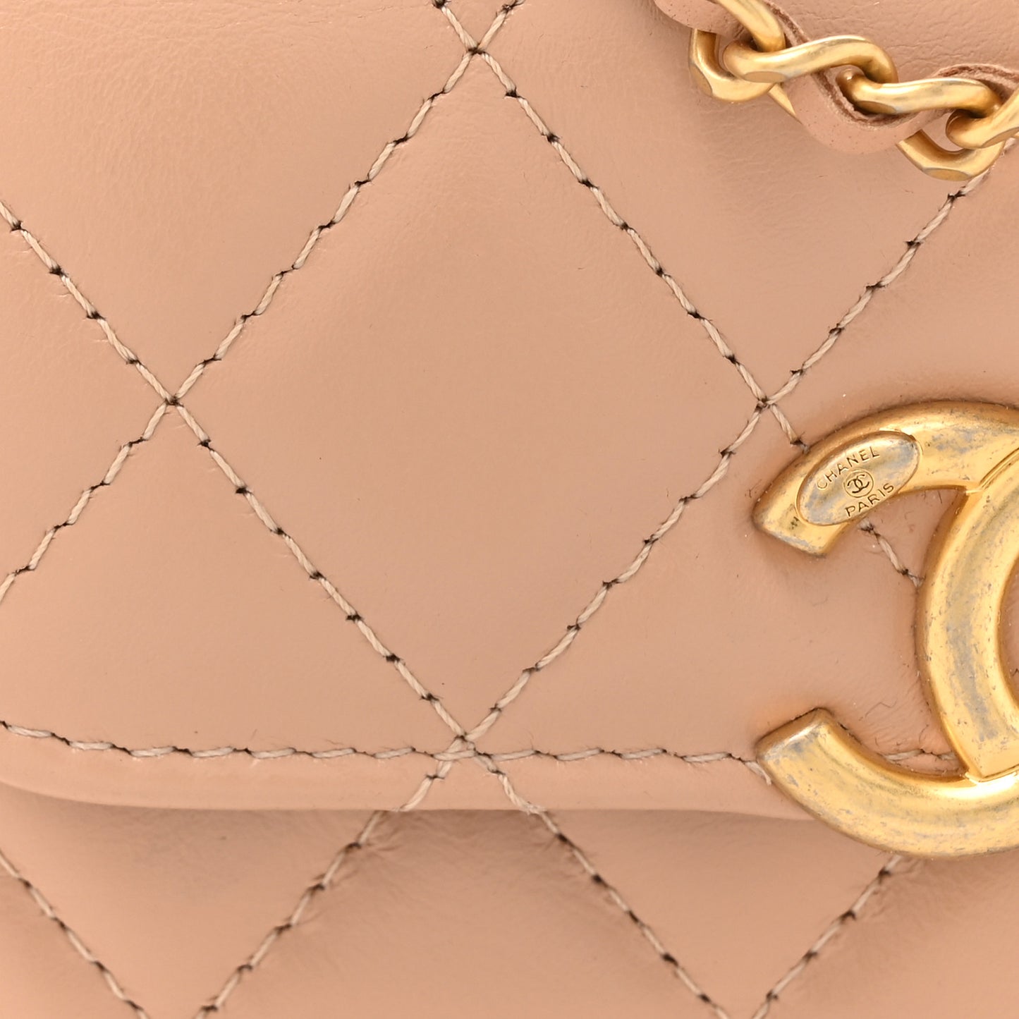 Calfskin Quilted Perfect Fit Coin Purse With Chain Beige