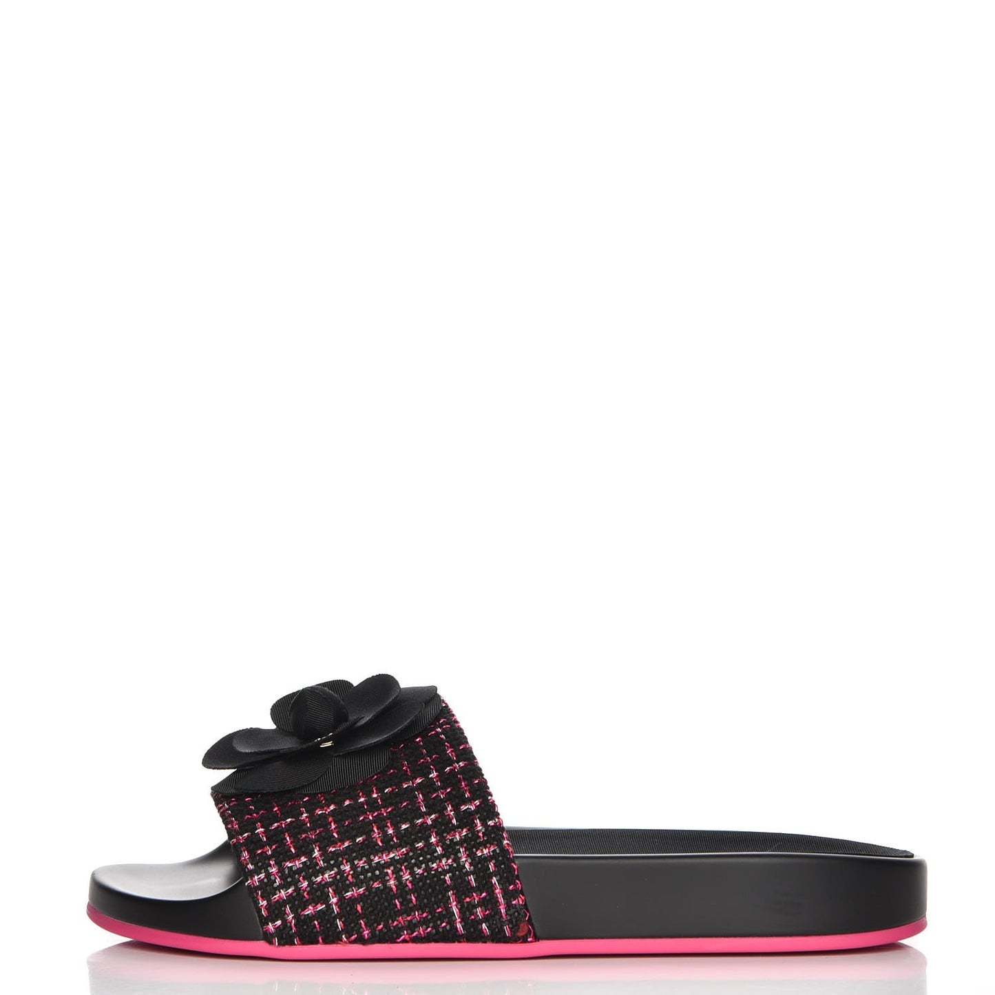 Tweed Grosgrain Camellia CC Flat Mules 37 Black Pink