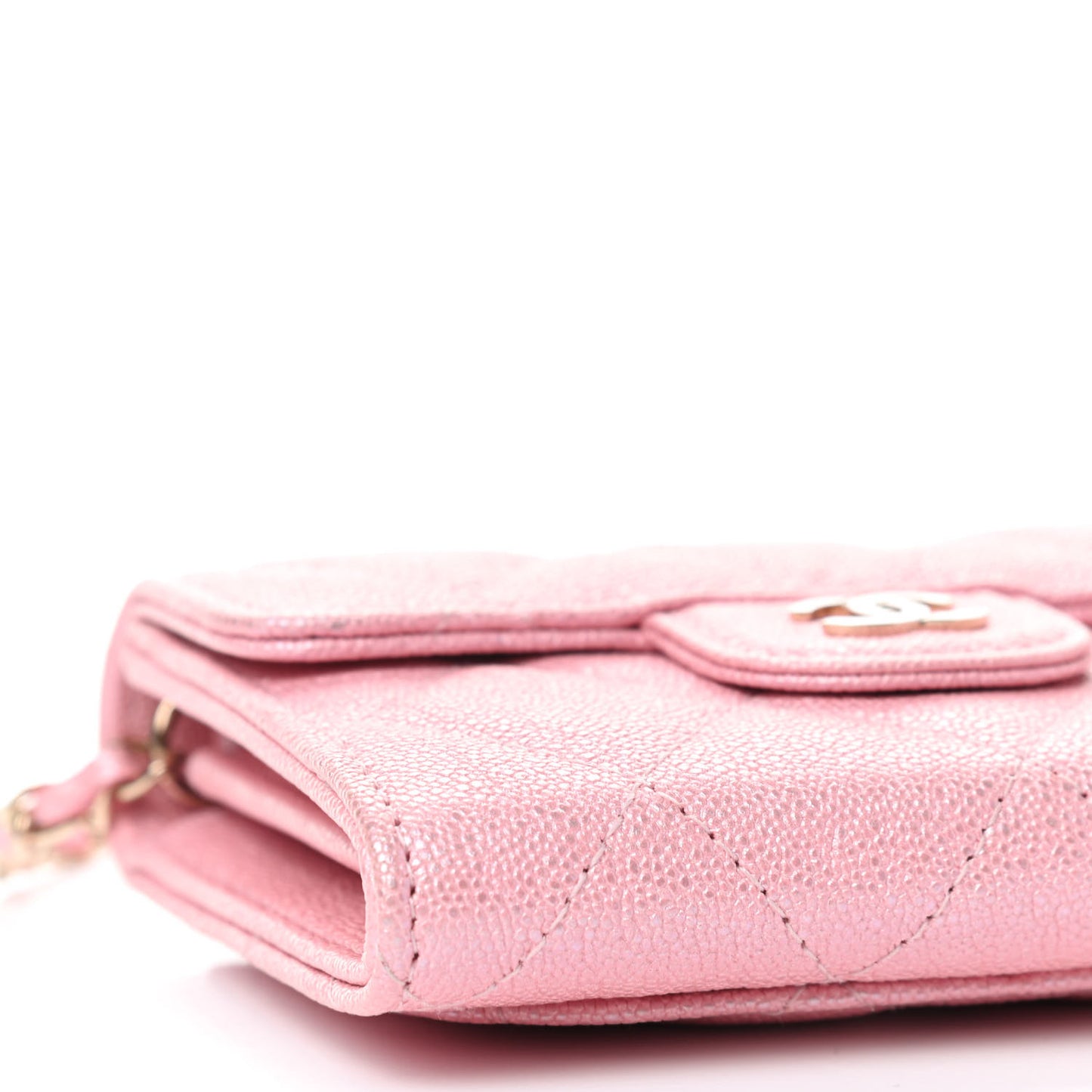 Iridescent Caviar Quilted Flap Card Holder On Chain Pink