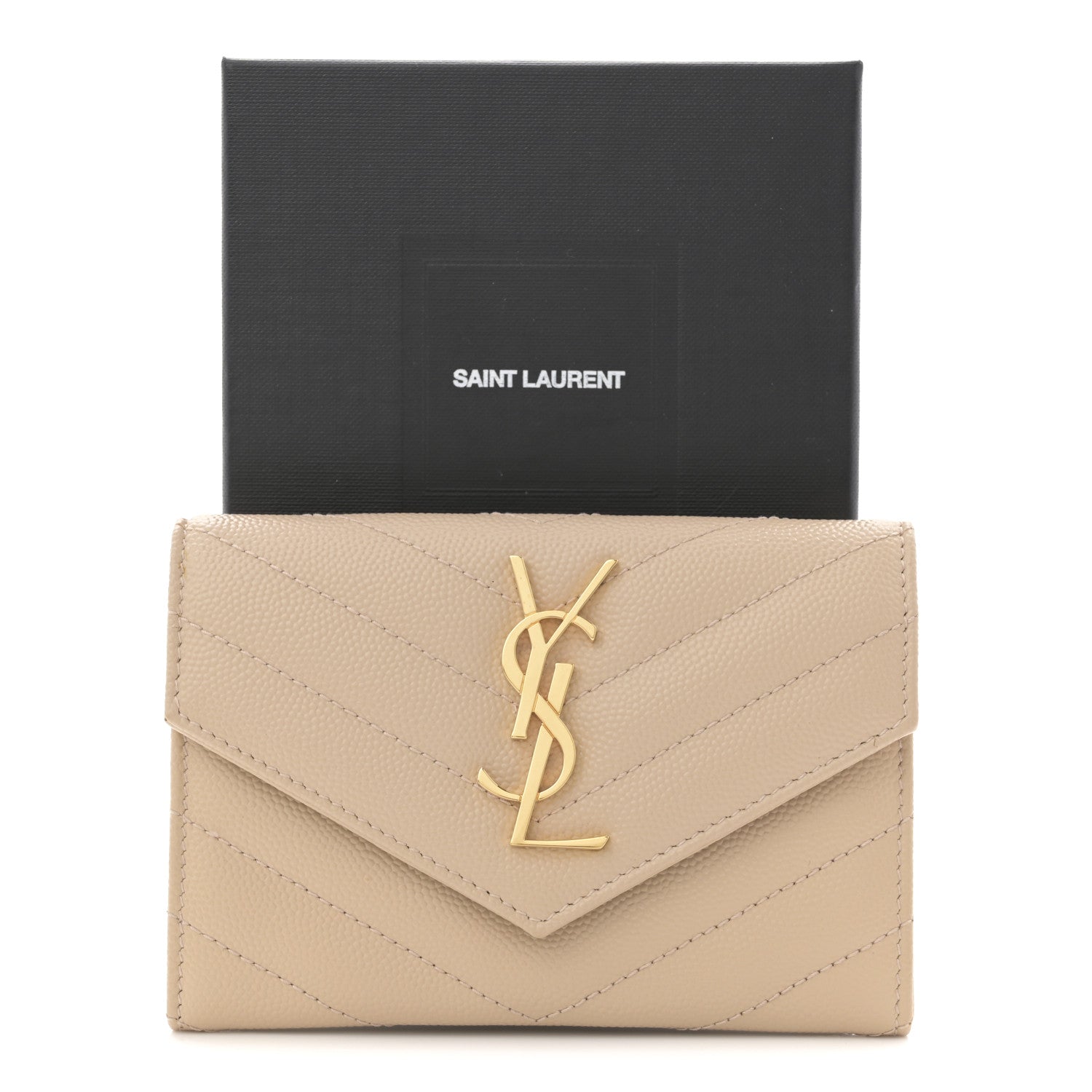 Saint Laurent Grain De Poudre Matelasse Chevron Small Monogram Envelope Wallet Dark Beige 9 of 9