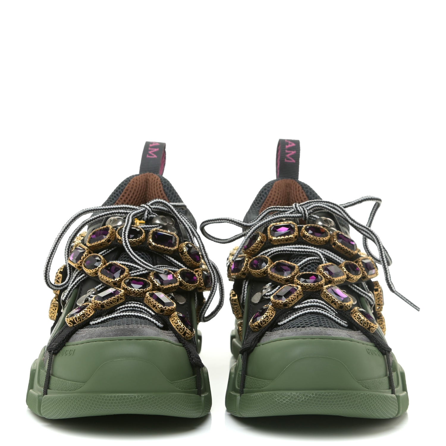 Gucci X SEGA Mesh Suede Calfskin Removable Crystals Mens Flashtrek Sneakers 7 Loess Black Olive Green 2 of 14