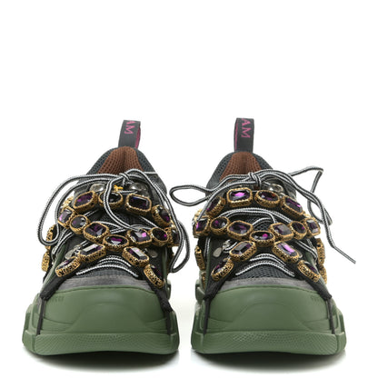 Gucci X SEGA Mesh Suede Calfskin Removable Crystals Mens Flashtrek Sneakers 7 Loess Black Olive Green 2 of 14